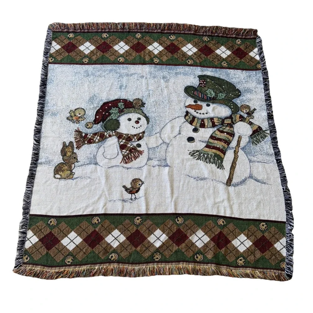 Christmas Winter Woven Tapestry Throw Snowman Fringe Woodland Creatures 52X47 In